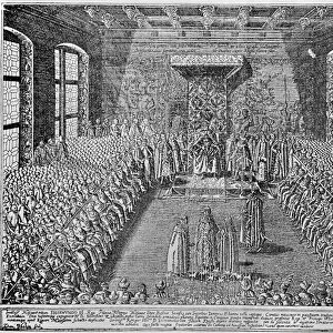 Vasili Shuisky with his brothers at the Warsaw Sejm, 1611 (engraving)