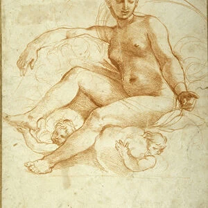 Venus seated on clouds pointing downwards (red chalk on white paper)