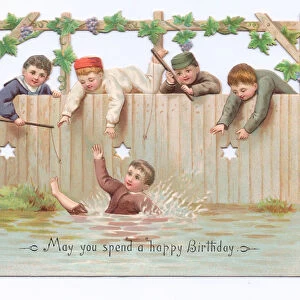 A Victorian Birthday card of four boys trying to help another boy who has fallen in