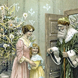 Victorian Christmas card featuring Father Christmas wearing a green suit (litho)