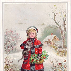 A Victorian Christmas card of a girl holding a cat and a basket of holly walking through