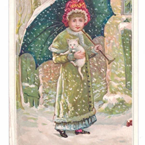 A Victorian Christmas card of a girl holding an umbrella