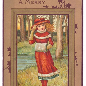 A Victorian Christmas card of a girl wearing a muff holding her bonnet in the wind, c