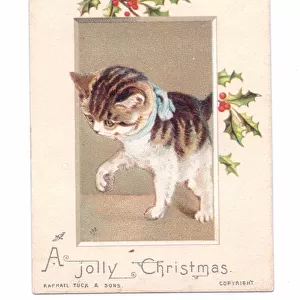 A Victorian Christmas card of a kitten with a raised paw, c. 1880 (colour litho)