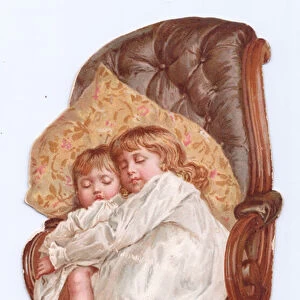 A Victorian Die-cut shape card of a two children holding each other asleep in an armchair