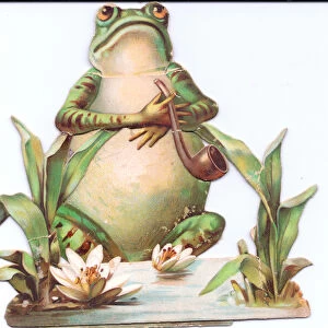 A Victorian greeting card of a frog smoking a pipe in a lily pond, c. 1880 (colour litho)