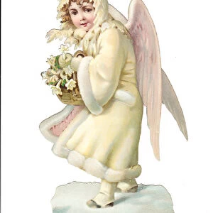A Victorian Paper Scrap Relief of an angel in a fur trimmed coat holding a basket of