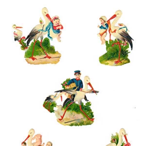 A Victorian Paper Scrap Relief of images of a stork with babies on a sheet, c
