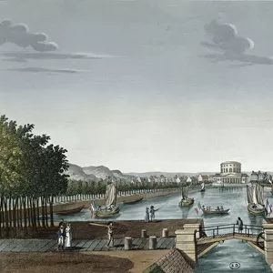 Vief of the Bassin du Canal de l Ourq a la Villette, c. 1815-20 (colour engraving)