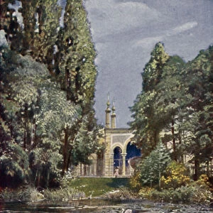 Part of the Vierwaldstattersee and the antelope house, Berlin Zoological Garden, Germany (colour litho)