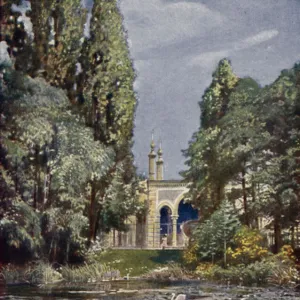 Part of the Vierwaldstattersee and the antelope house, Berlin Zoological Garden, Germany (colour litho)