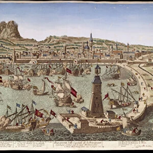View of Barcelona and its port - optical view, 18th century