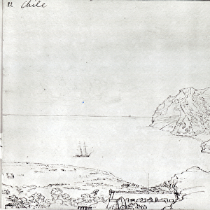 View of the coast off Chile (pen and & ink on paper) (b / w photo)