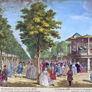 View of the Grand Walk at the entrance of Vauxhall Pleasure Gardens with the orchestra