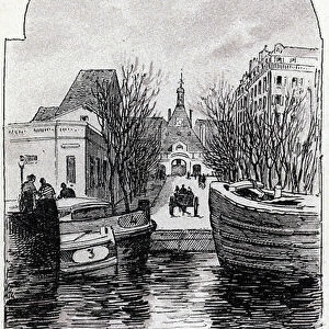 View of the Hospital Saint-Louis in Paris from canal Saint-Martin, Paris Drawing by Gustave Fraipont (1849-1923) from Saint-Juirs's " La seine a travers Paris", 1890 Private collection