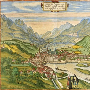 View of Innsbruck (Oenipons or Enipontus), Austria (etching, 1572-1617)