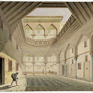 View of the interior of a caravanserail, home of Azir Osman Agha. Watercolour by Pascal Coste (1787-1879) Museum of Mediterranean Archeology, Marseille