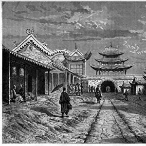 View from a street at "Youn Tchen Sian", China. Engraving after a drawing by A