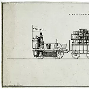 View of a Train of Carriages drawn by a Locomotive Steam Engine on a Railway, c. 1830 (engraving on paper)