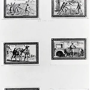 Six vignettes depicting bread making (engraving) (b / w photo)