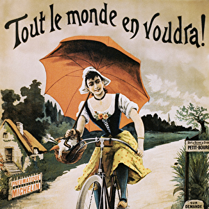 Vintage poster of woman riding bicycle holding red umbrella, 1894 (colour litho)