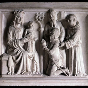 The Virgin presenting Jesus to three people (sculpture, 14th century)