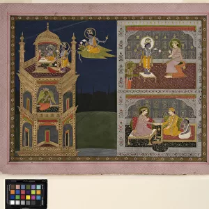 Vishnu approaches a golden tower on Garuda, c. 1825 (opaque w / c and gold on paper)