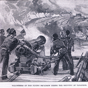 Volunteers of the flying squadron firing on the shipping at Taganrog 1855 AD (litho)