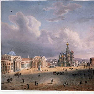Vue de la Place Rouge a Moscou (Russie) (View of the Red Square in Moscow). Oeuvre de Edouard Jean Marie Hostein (1804-1889), lithographie mise en couleurs a l aquarelle, vers 1830, art francais 19e siecle. A