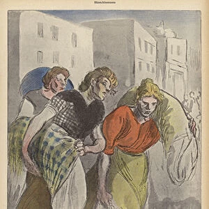 Washerwomen returning from the laundry (colour litho)