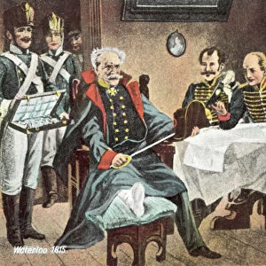 Waterloo 1815, Blucher receives the hat, the sword and the decorations of the Emperor at Genappe (colour litho)