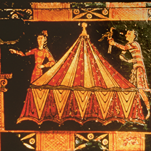 Detail from a wedding chest depicting two figures by a tent (painted vellum on wood)