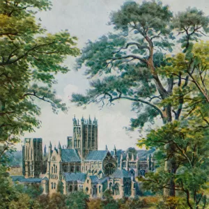 Wells Cathedral, from Tor Hill (colour litho)