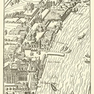 Whitehall and Westminster, from Aggas map (engraving)