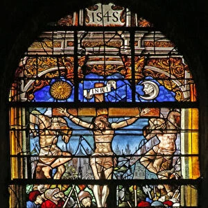 Window depicting the Crucifixion with two Thieves, Sun, Moon, Saint John