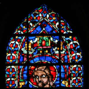 Window w102 depicting St Andrew and church of Soissons (stained glass)