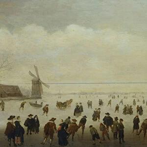 Winter landscape with numerous skaters, golf players and peasants on frozen waterways