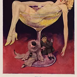 Woman bathing in a glass of sparkling wine (colour litho)
