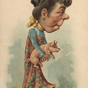 Woman carrying a pig (colour litho)