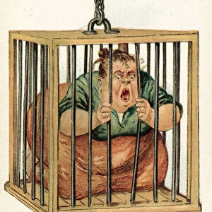 Woman locked in a cage (colour litho)
