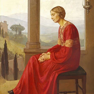 A woman in a red dress sitting on a terrace in an Italian landscape, 1909 (oil on canvas)