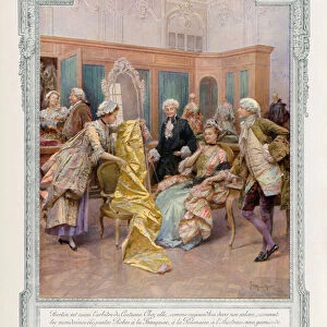 Woman shopping at Rose Bertins fashionable salon, 18th Century (colour litho)