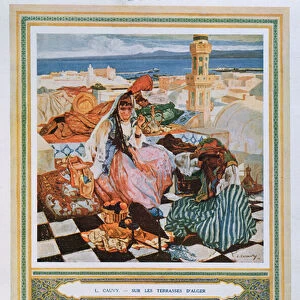 Woman smoking a Shisha (water pipe) on a terrace in Algiers, c. 1900 9colour litho)