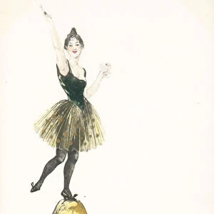 A woman standing on the top of a champagne bottle (colour litho)