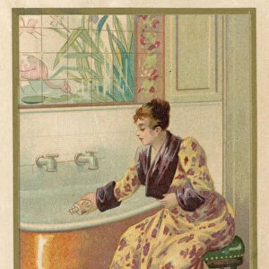 Woman using Ricqles mint spirit in her bath (chromolitho)