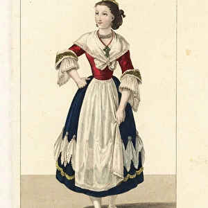 Woman of Valencia, Spain, 19th century. She wears her hair tied up, gothic lace sleeves, and falbala flounces on her skirt. Handcoloured copperplate engraving by Georges Jacques Gatine after an illustration by Louis Marie Lante from Costumes of