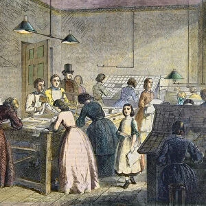 Women compositors at the printing office of the Victoria Press, Great Coram Street