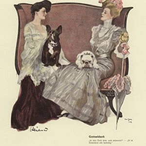 Two women with their pet dogs (colour litho)