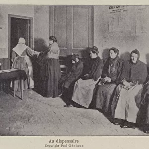 Women waiting to collect medicines at a dispensary (b / w photo)