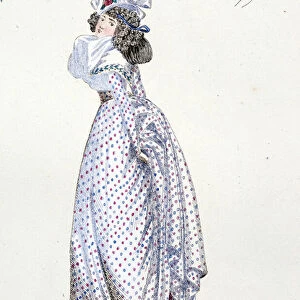 Womens fashion: Dress, October 1791. In"Costumes of the time of the Revolution 1790-1793". Colourful waters of Mr. Guillaumot Jr. 1876